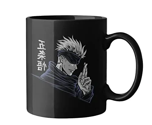 Darkbuck Hard Quality Ceramic Milk Tea And Anime Coffee Mug With Lid For Gift Jujutsu Kaisen Gojo Satoru Printed Mugs Black, 350 ML