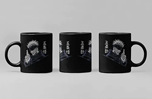 Darkbuck Hard Quality Ceramic Milk Tea And Anime Coffee Mug With Lid For Gift Jujutsu Kaisen Gojo Satoru Printed Mugs Black, 350 ML