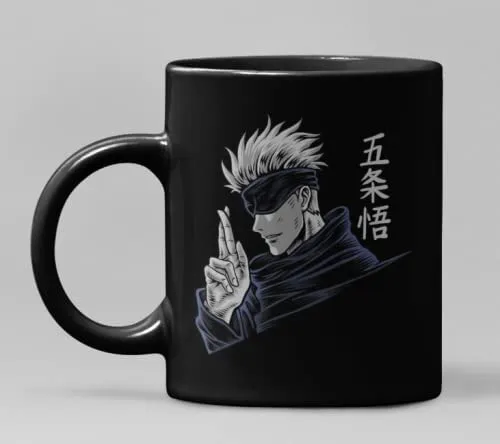 Darkbuck Hard Quality Ceramic Milk Tea And Anime Coffee Mug With Lid For Gift Jujutsu Kaisen Gojo Satoru Printed Mugs Black, 350 ML