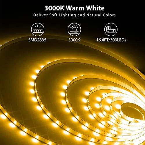 DAYBETTER Warm White LED Strip Light, 16.4ft Dimmable Bright Rope Light, 3000K LED Light Strip Warm White, Super Bright LED Tape Lights for Bedroom, Kitchen, Mirror, Home Decoration