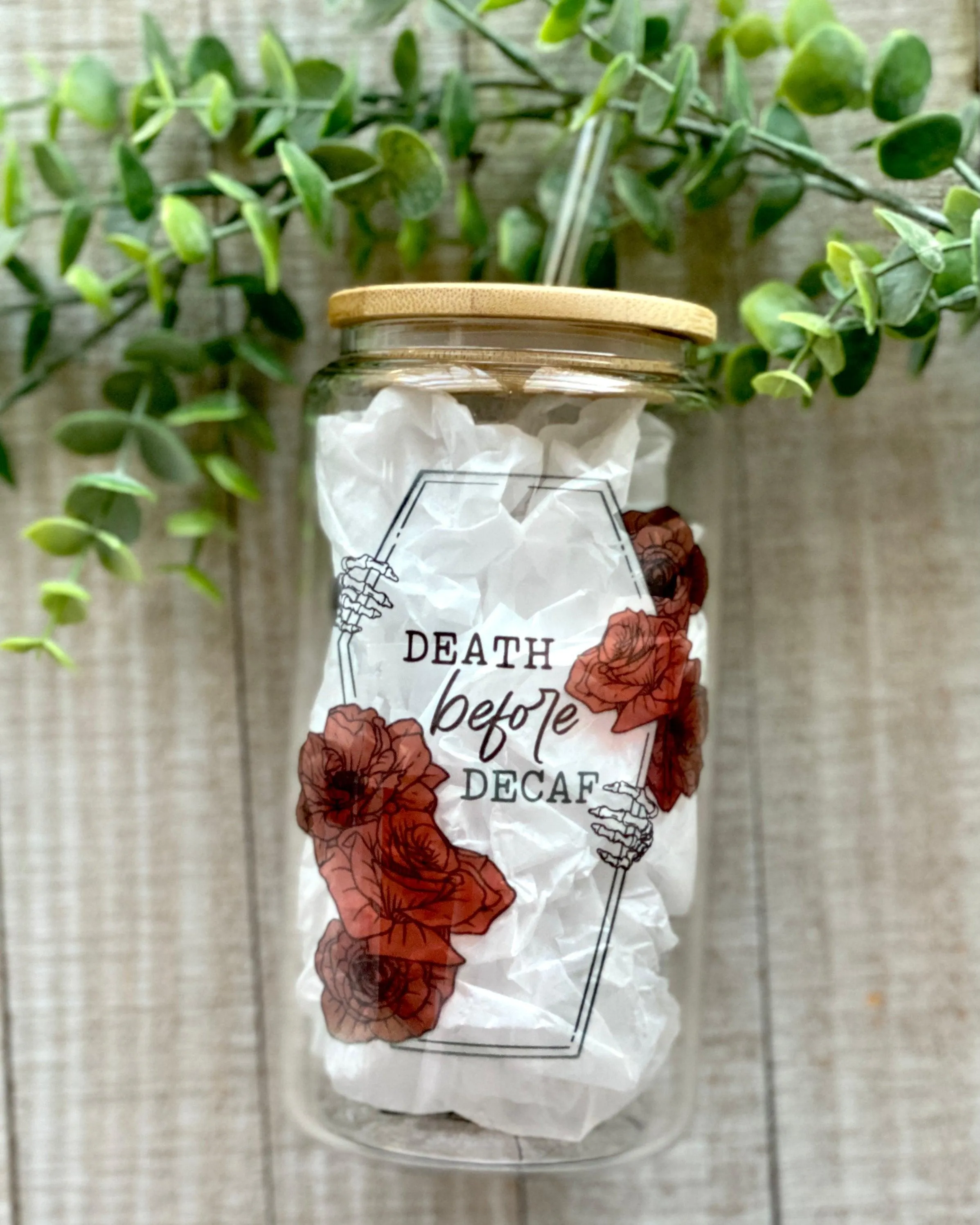 death before decaf | 16oz glass can