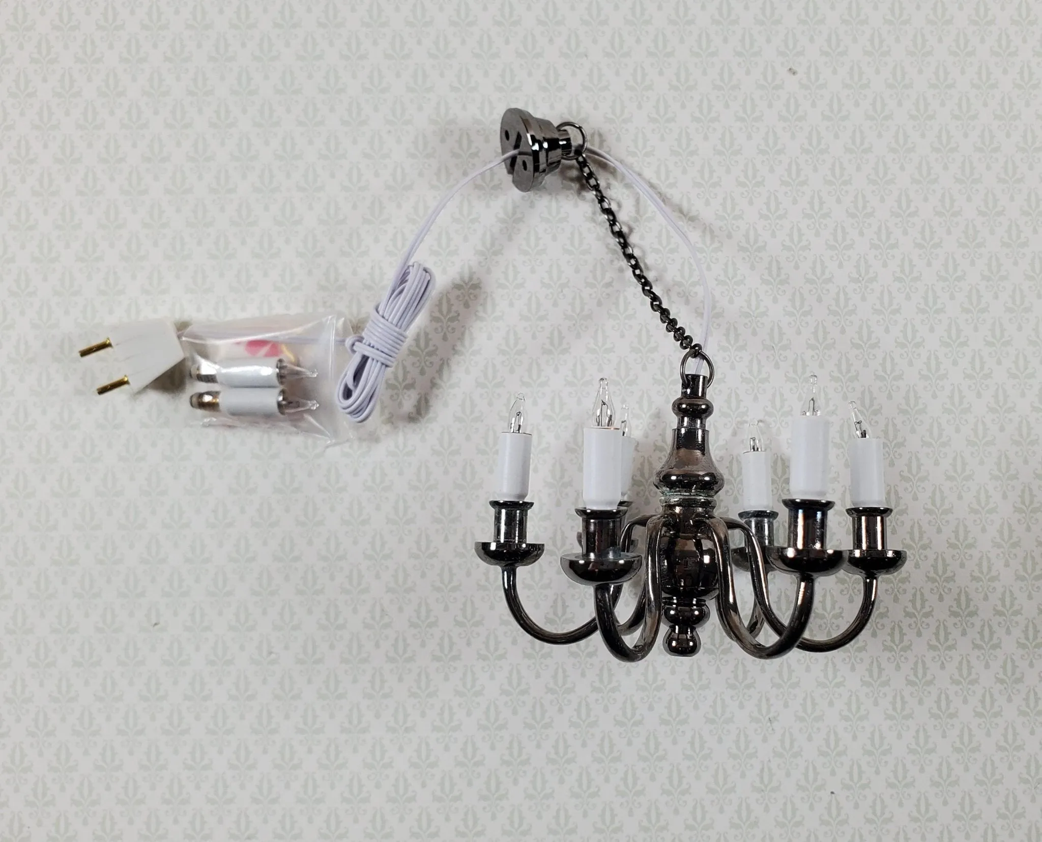 Dollhouse Chandelier 6 Arm Black Chrome 12 Volt Electric 1:12 Scale Miniature