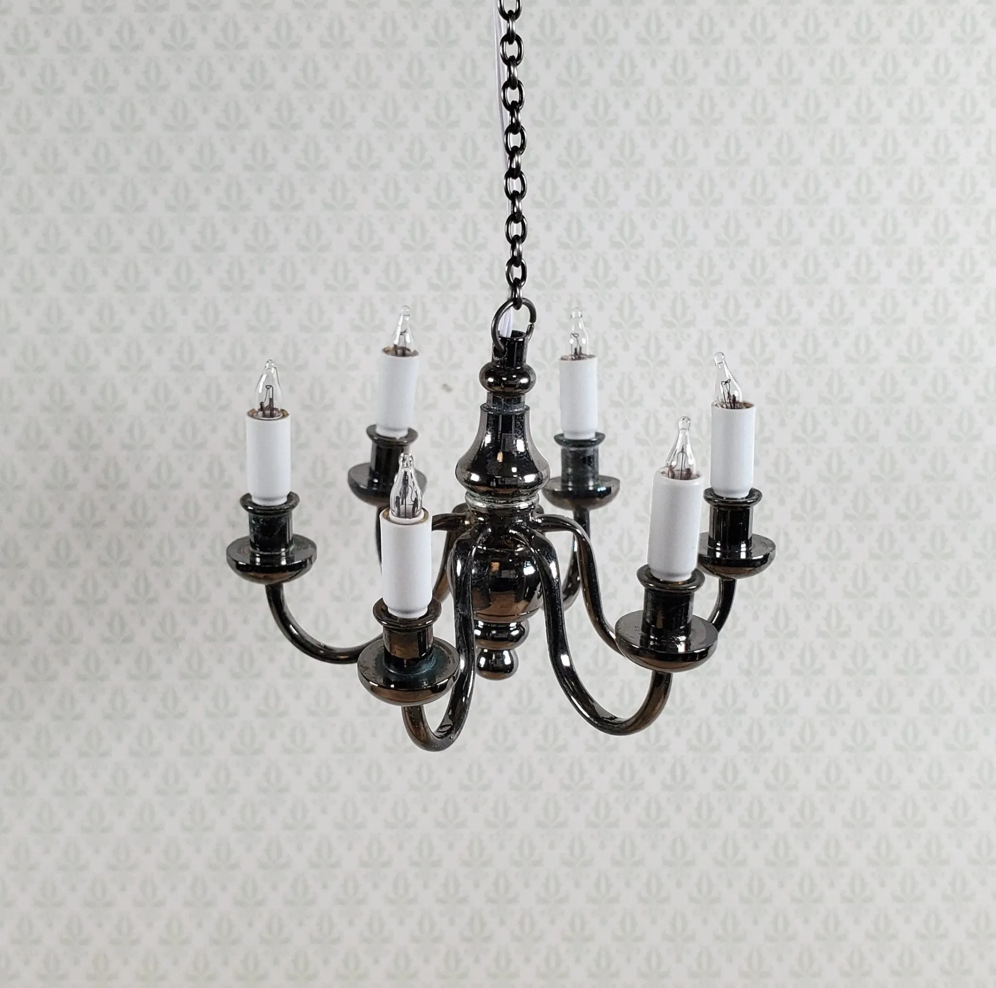 Dollhouse Chandelier 6 Arm Black Chrome 12 Volt Electric 1:12 Scale Miniature