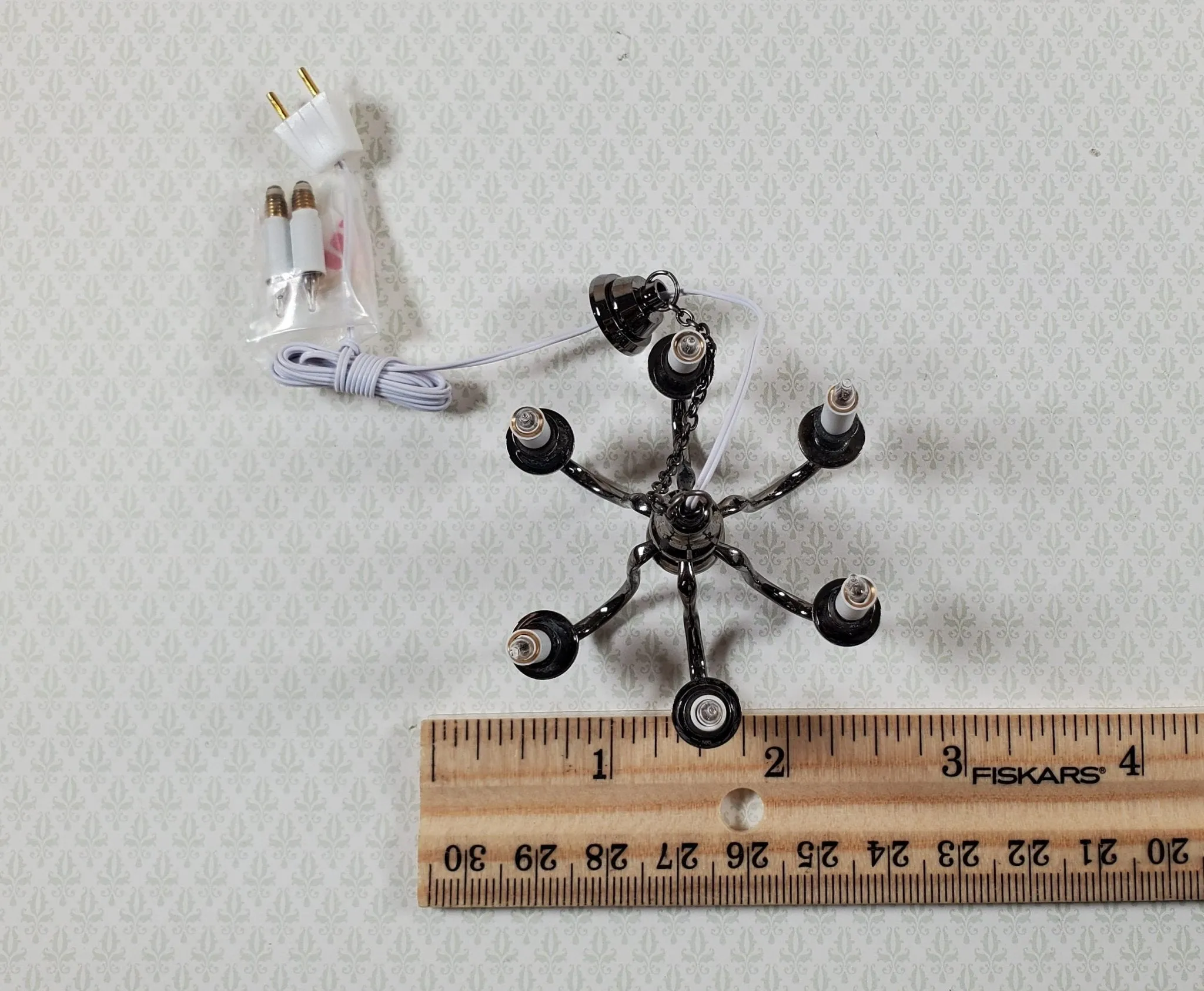 Dollhouse Chandelier 6 Arm Black Chrome 12 Volt Electric 1:12 Scale Miniature