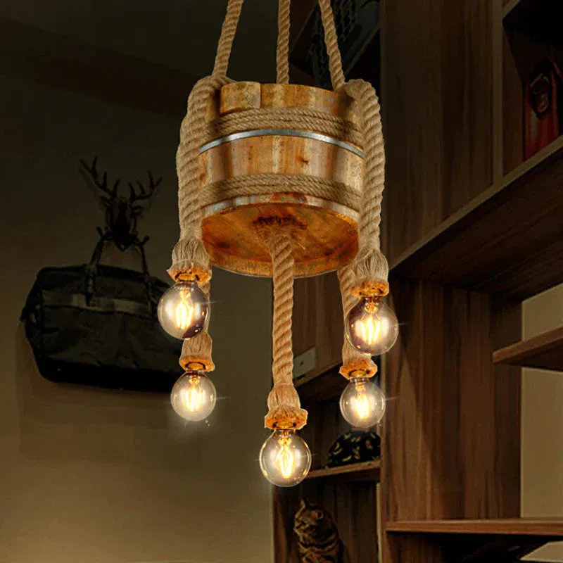 Drum Shape Chandeliers Five-light Retro Style Wood Hanging Lights in Beige Color for Agritainment