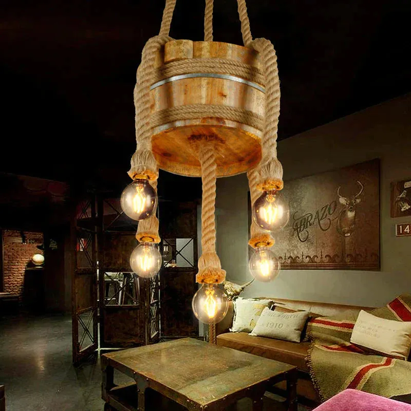 Drum Shape Chandeliers Five-light Retro Style Wood Hanging Lights in Beige Color for Agritainment