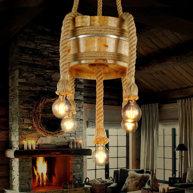 Drum Shape Chandeliers Five-light Retro Style Wood Hanging Lights in Beige Color for Agritainment