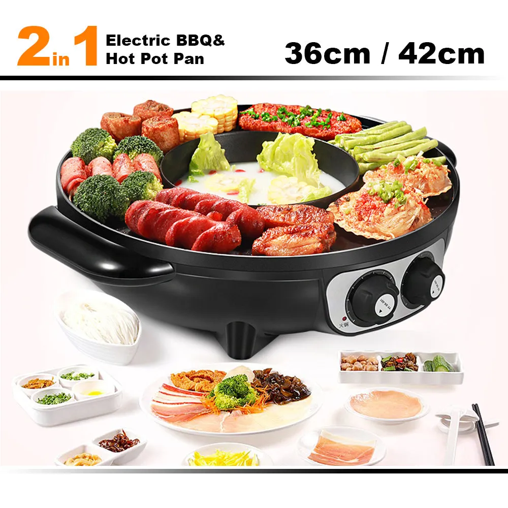 Electric 2 In 1 Non-Stick BBQ Plate Hot Pot Pan For Party Shabu Grill Barbecue 42cm