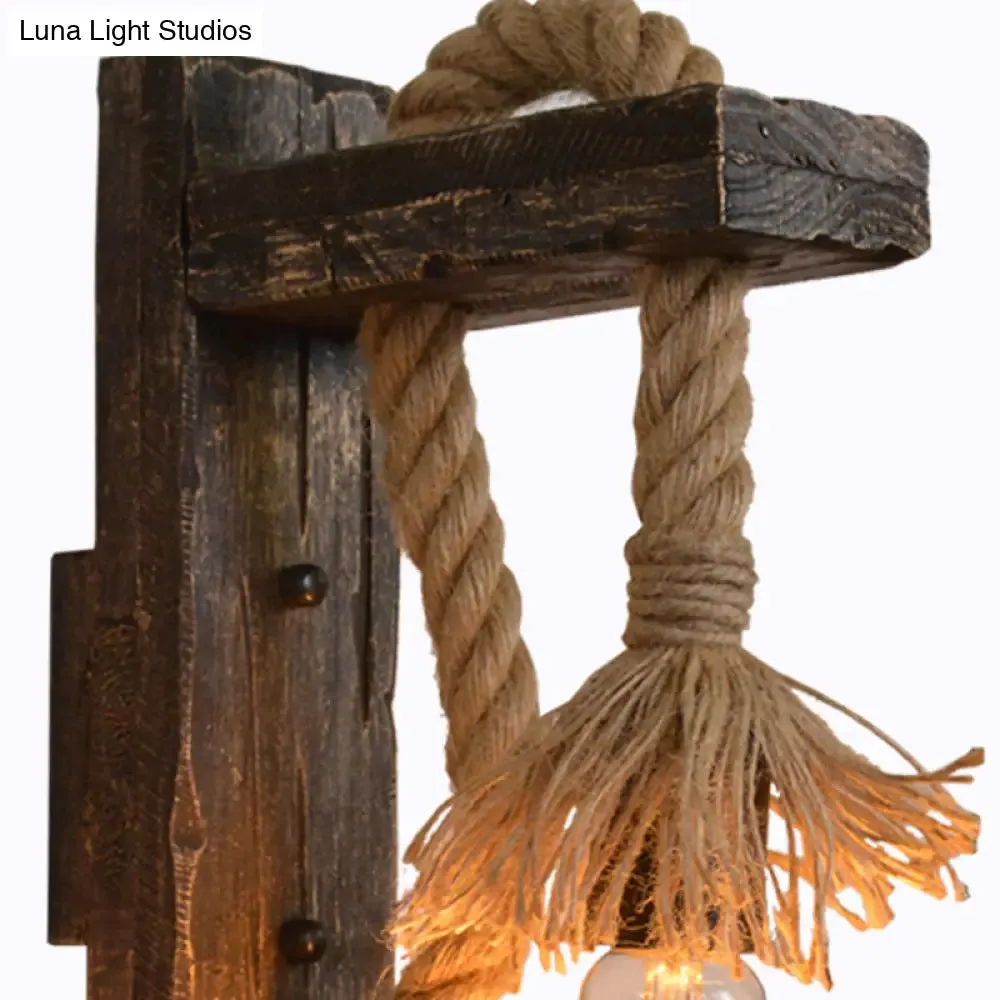 Farm Style Wood Wall Mounted Lamp: Rustic Hanging Light in Brown with Rope Detail & 1 Bulb