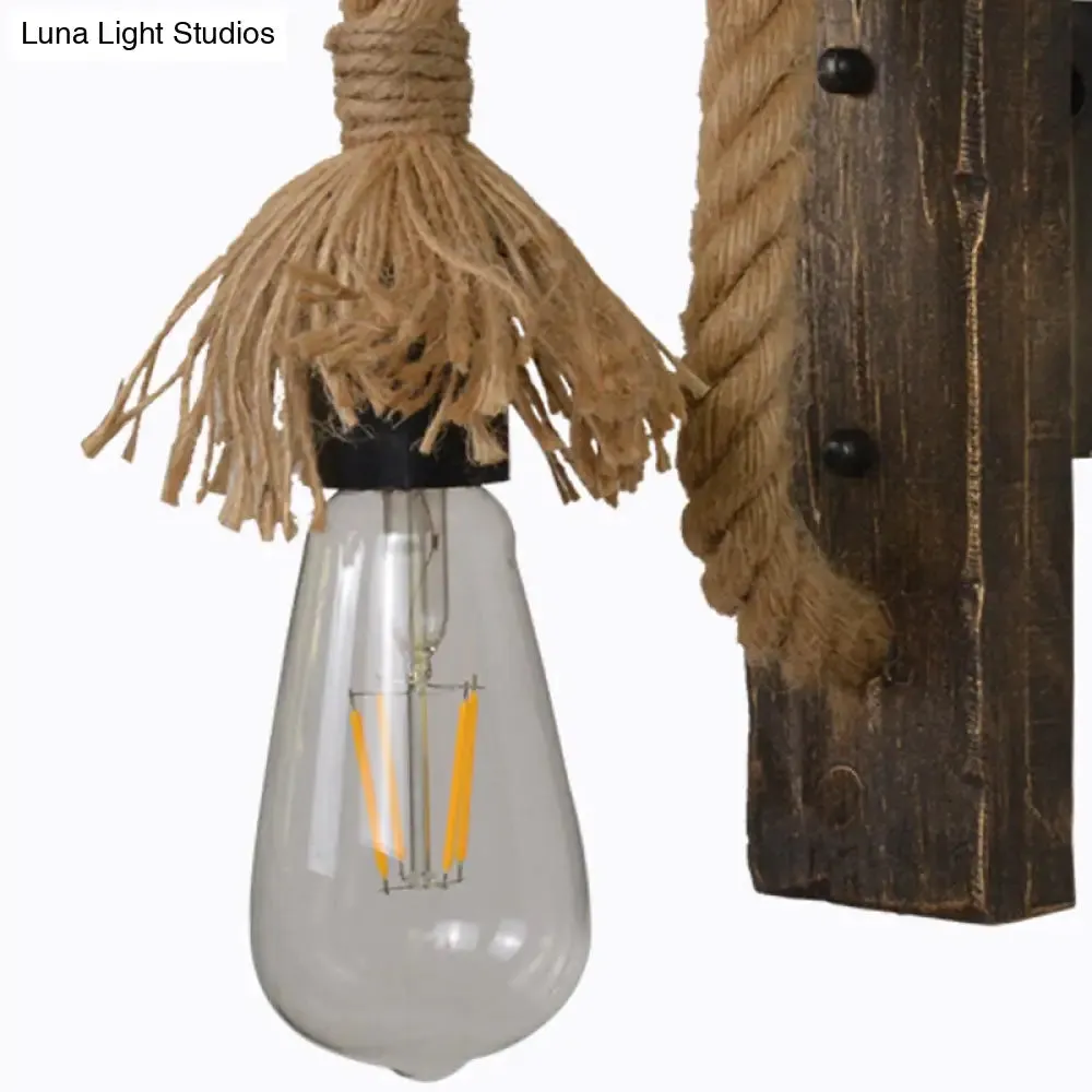 Farm Style Wood Wall Mounted Lamp: Rustic Hanging Light in Brown with Rope Detail & 1 Bulb