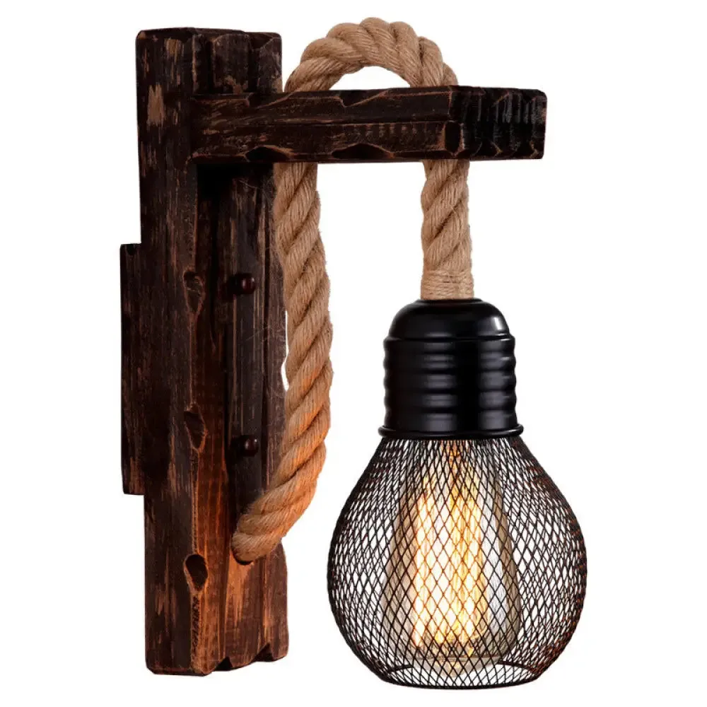 Farm Style Wood Wall Mounted Lamp: Rustic Hanging Light in Brown with Rope Detail & 1 Bulb