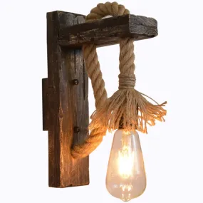 Farm Style Wood Wall Mounted Lamp: Rustic Hanging Light in Brown with Rope Detail & 1 Bulb