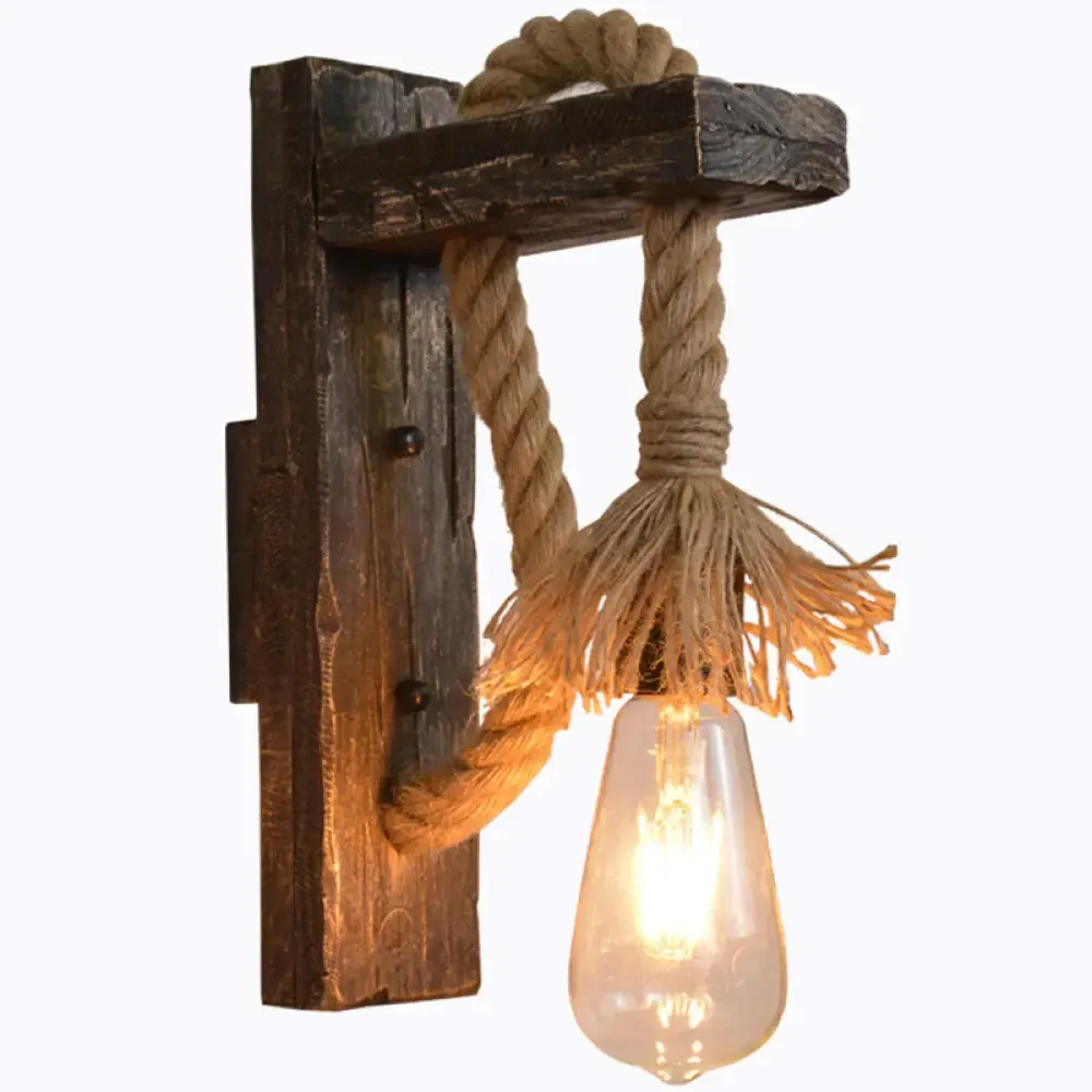 Farm Style Wood Wall Mounted Lamp: Rustic Hanging Light in Brown with Rope Detail & 1 Bulb