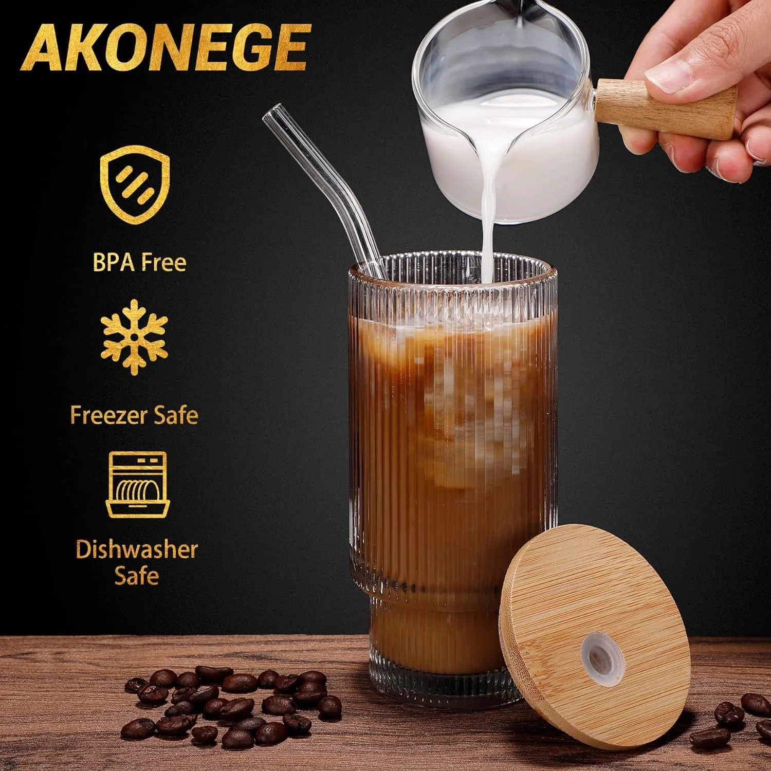 FOMQUAZLI Glass Cups and Coffee Mug with Lids and Glass Straws, Glass Coffee Cups, Spill Proof Glass Coffee Tumbler Mug for Iced Tea Juice Milk Smoothie Mug