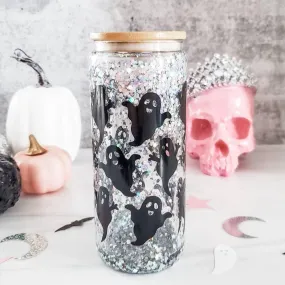 Friendly Ghosts Halloween Snowglobe Glitter Iced Coffee Cup by Salt and Sparkle