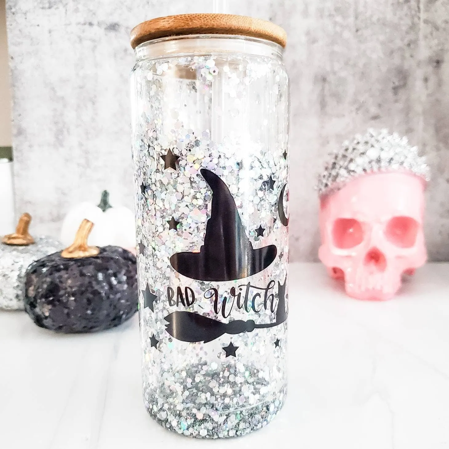 Friendly Ghosts Halloween Snowglobe Glitter Iced Coffee Cup by Salt and Sparkle