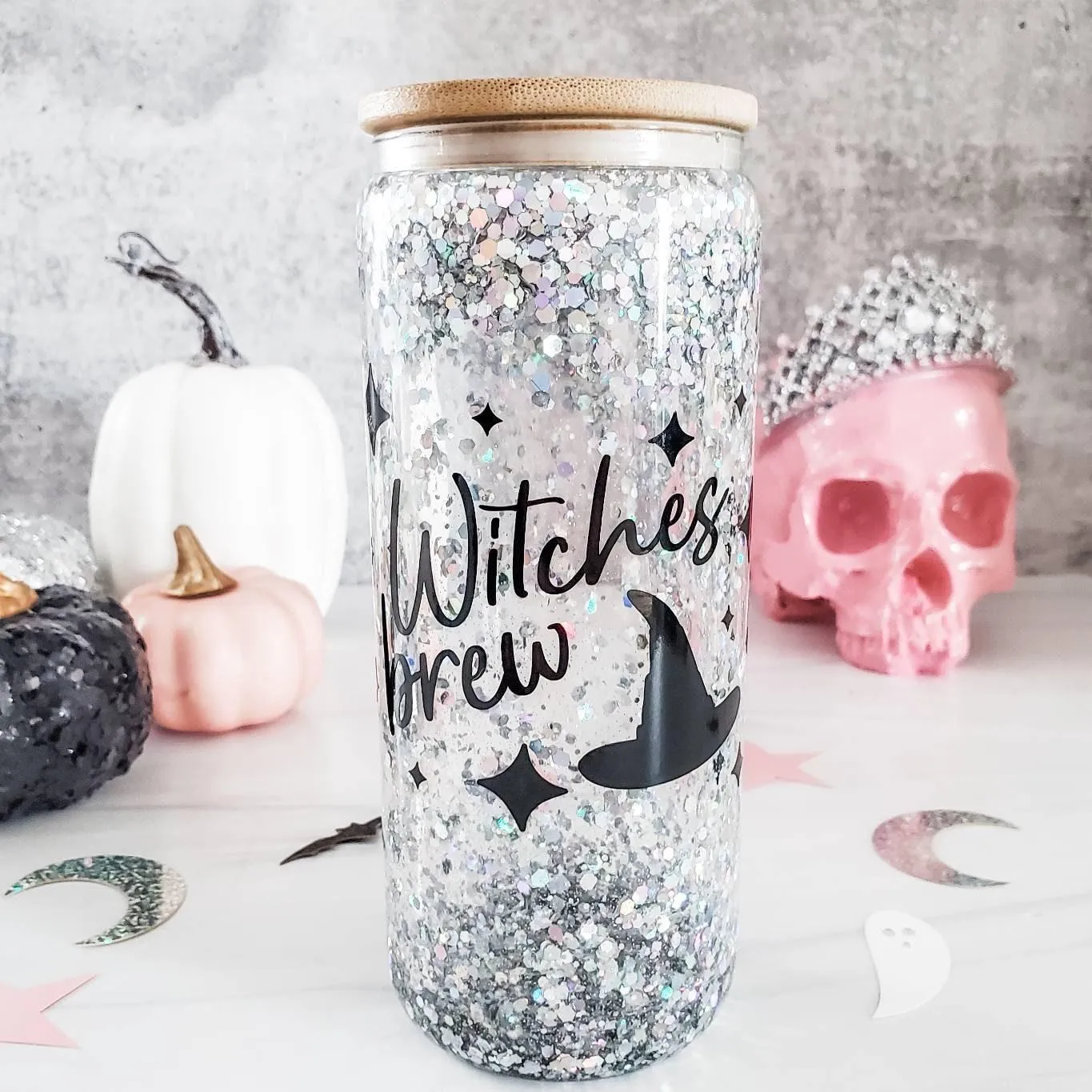 Friendly Ghosts Halloween Snowglobe Glitter Iced Coffee Cup by Salt and Sparkle