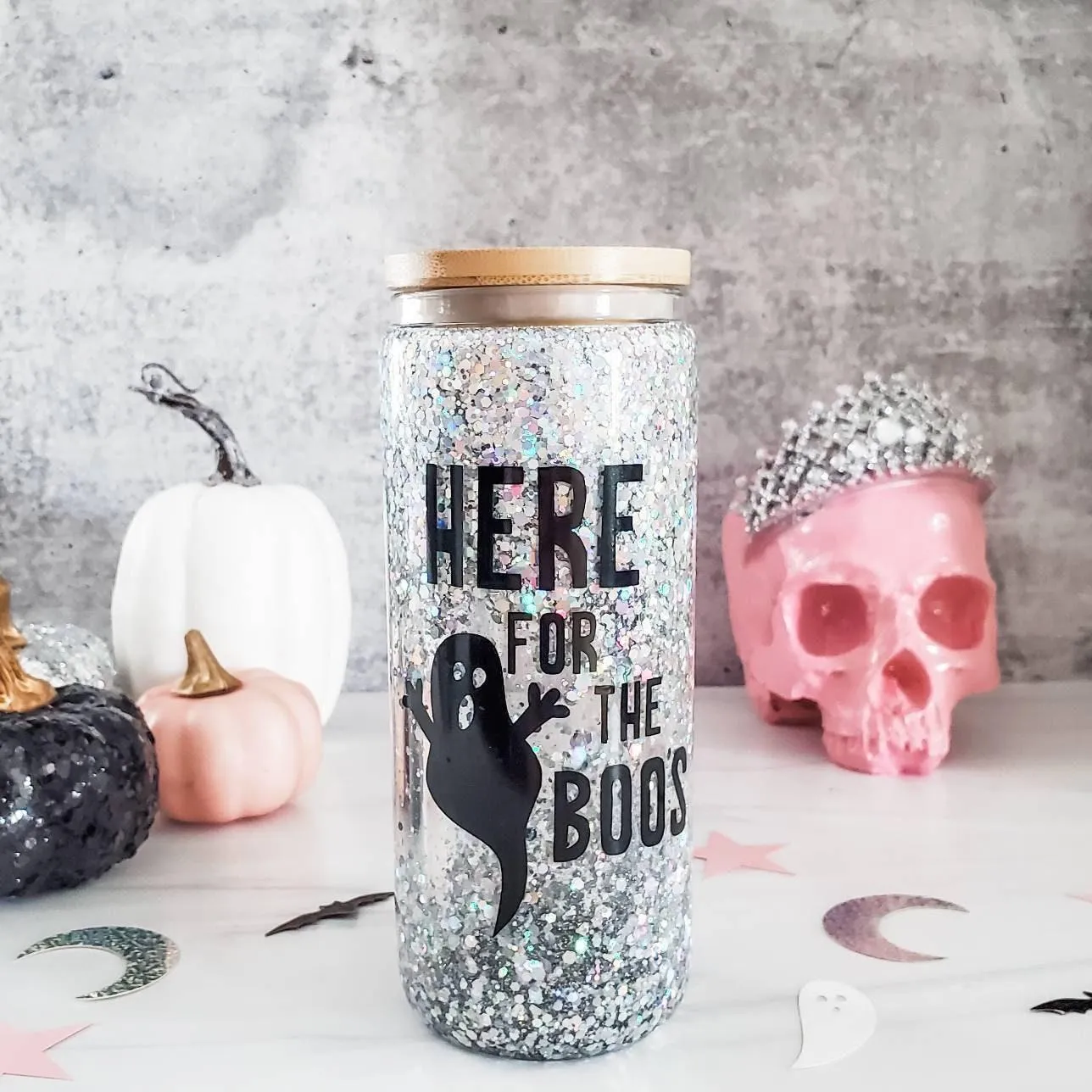 Friendly Ghosts Halloween Snowglobe Glitter Iced Coffee Cup by Salt and Sparkle