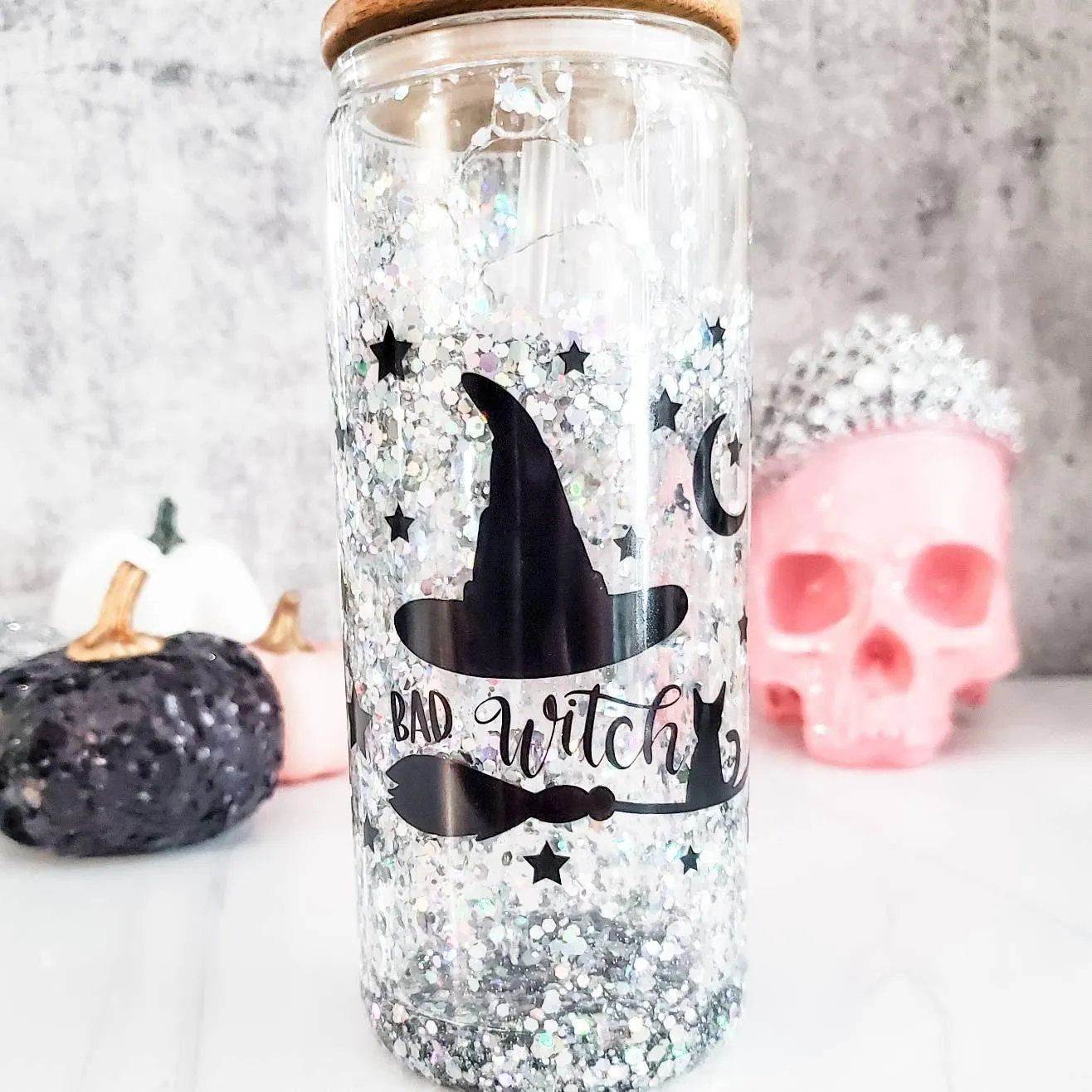 Friendly Ghosts Halloween Snowglobe Glitter Iced Coffee Cup by Salt and Sparkle