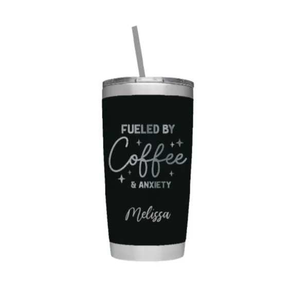 Fueled by Coffee and Anxiety Laser Engraved Tumbler with Personalized Name