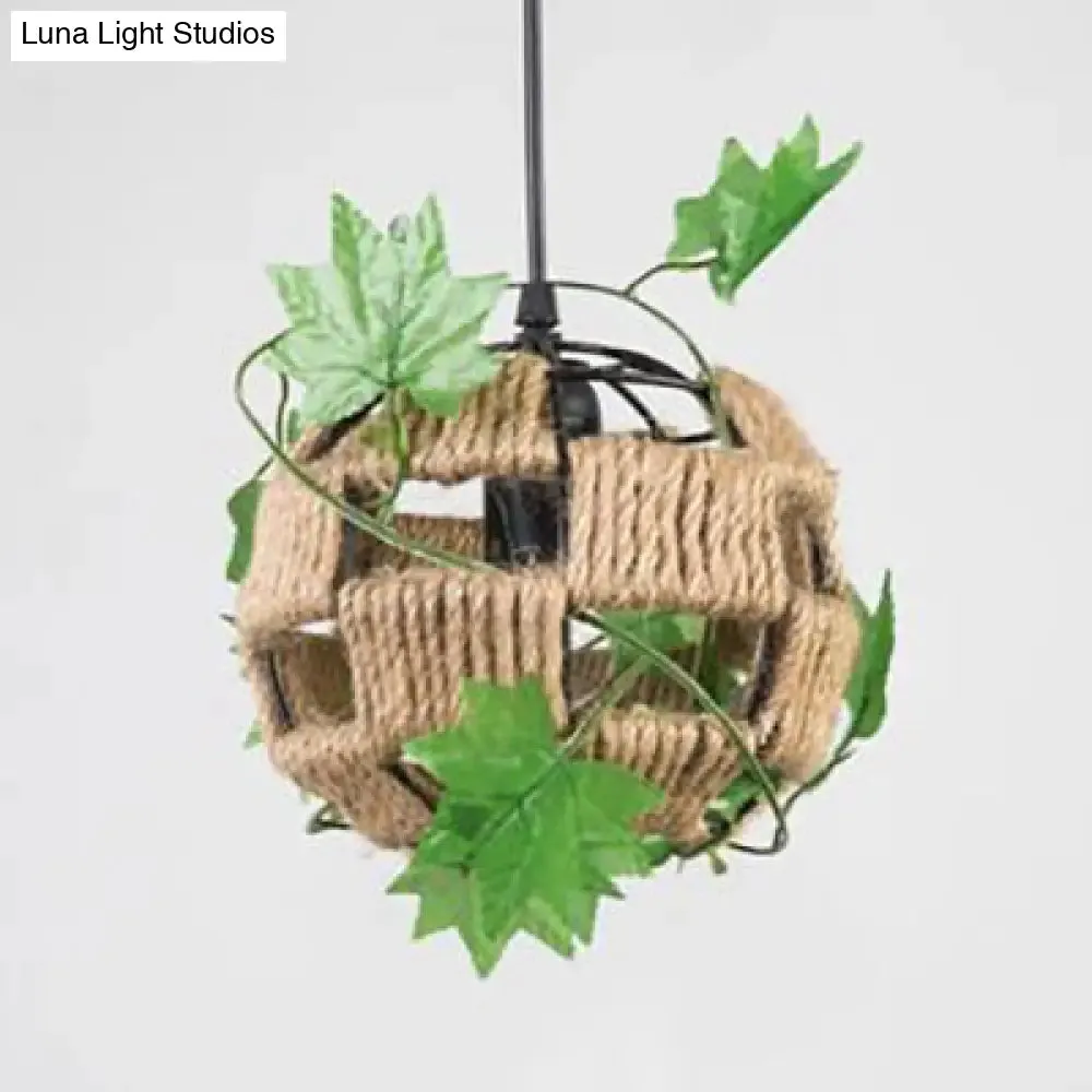 Global Cage Pendant Lamp with Rope and Metal 1 Head - Country Style Beige Hanging Light for Restaurants