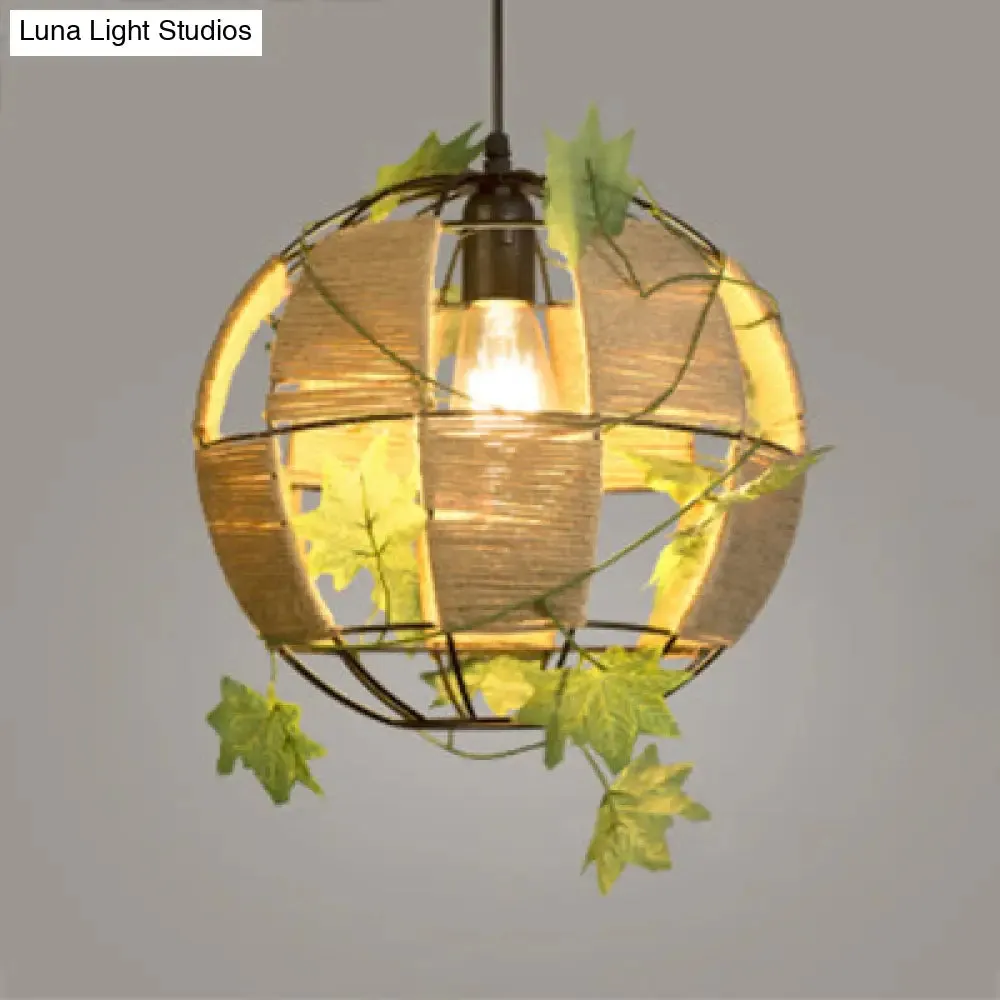 Global Cage Pendant Lamp with Rope and Metal 1 Head - Country Style Beige Hanging Light for Restaurants