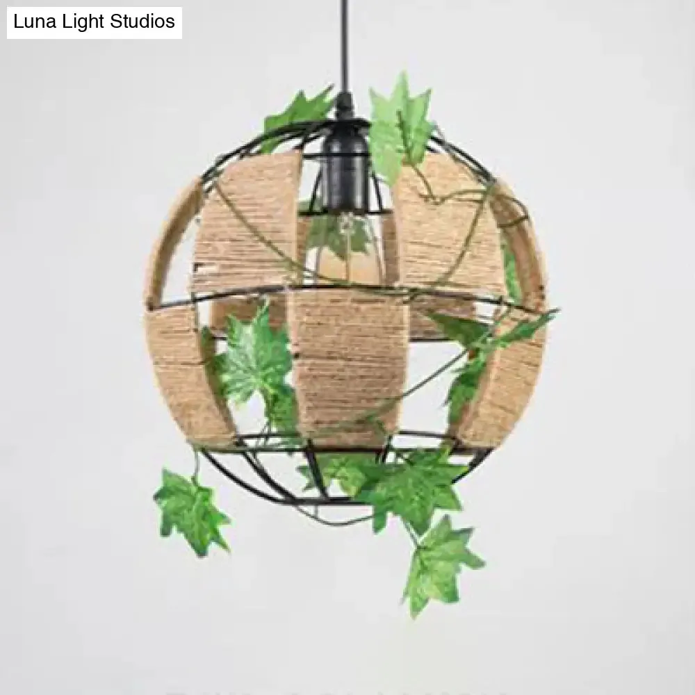 Global Cage Pendant Lamp with Rope and Metal 1 Head - Country Style Beige Hanging Light for Restaurants