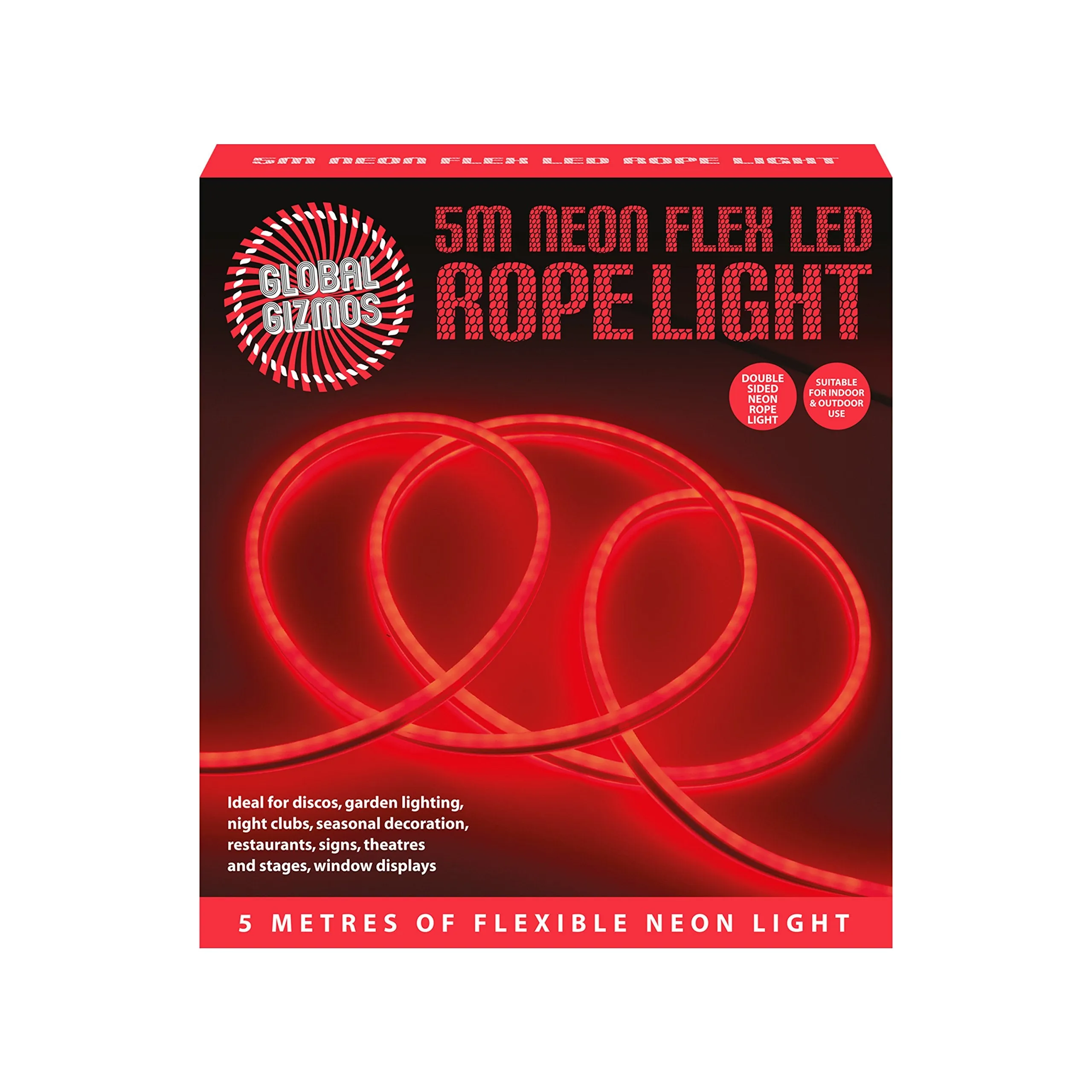 Global Gizmos 47510 5 Metre LED Strip Lights / Flexible Rope Lights / Neon Style Glow / Great for Bedrooms & TV Backlight / Indoors or Outdoors / Red Colour