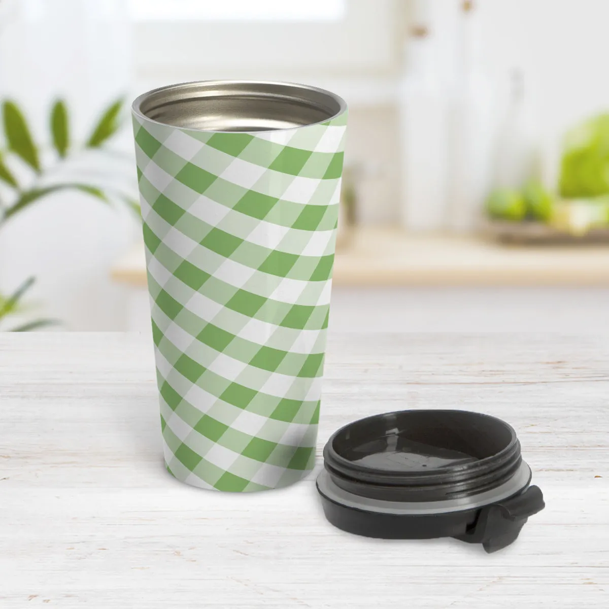 Green Gingham Travel Mug