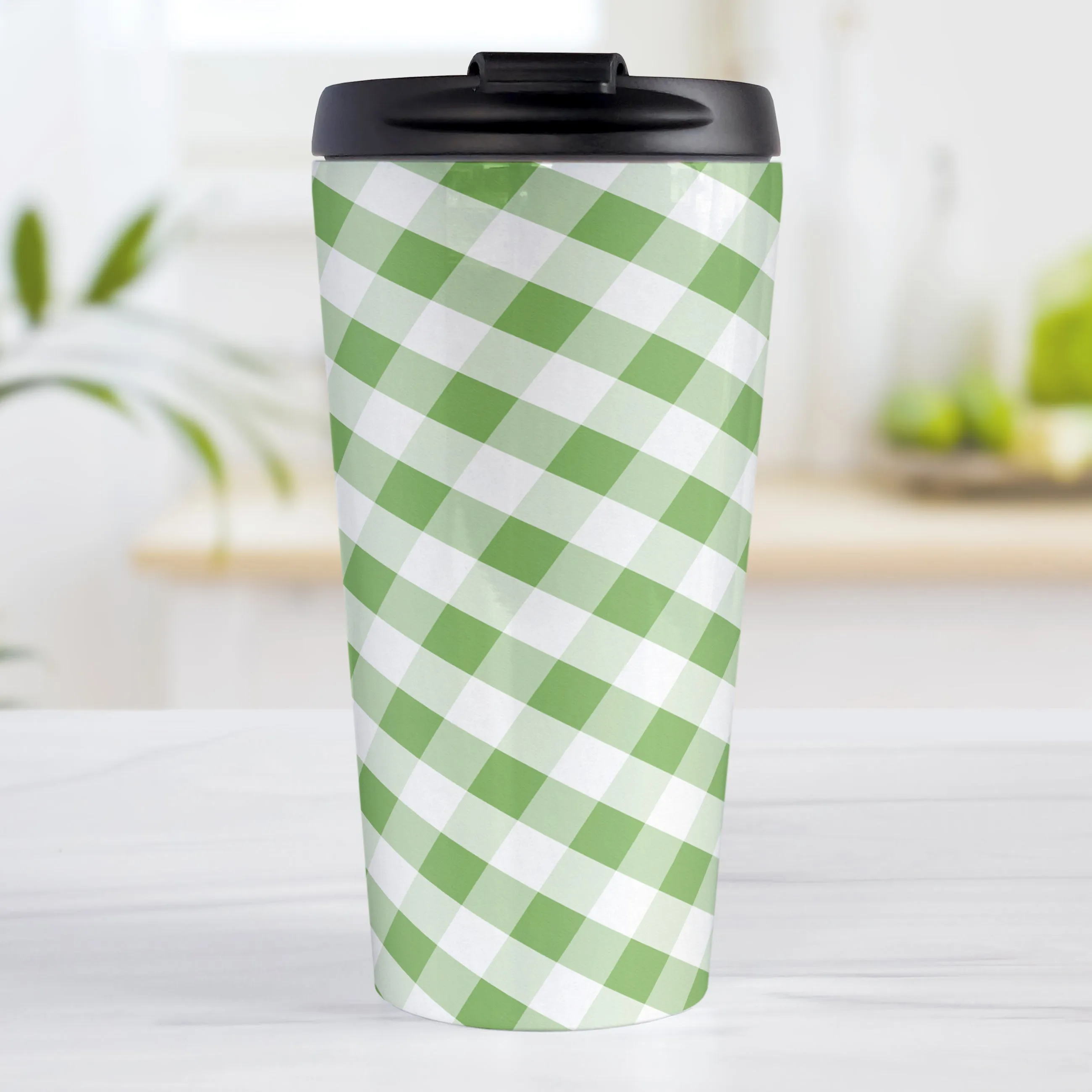 Green Gingham Travel Mug