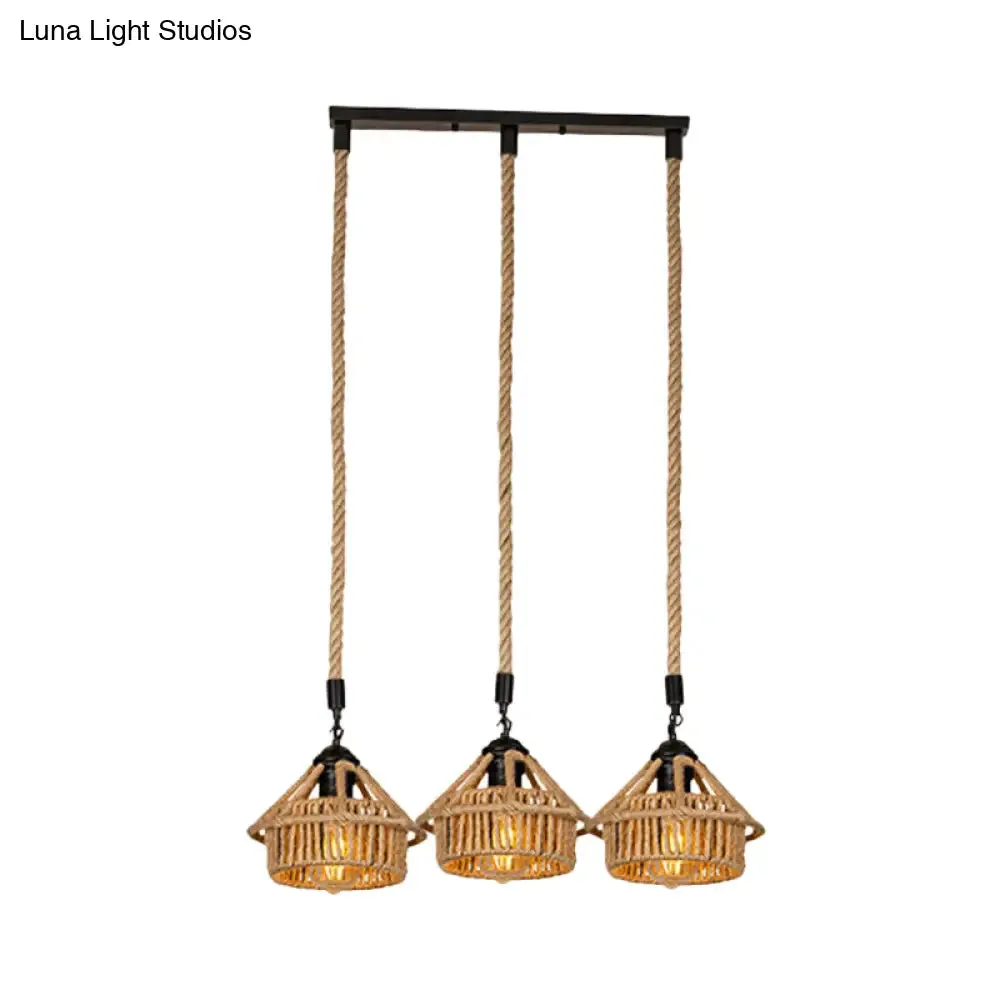 Handcrafted Cottage Brown Multi-Pendant Light Fixture with Rope Detail - Round/Linear Canopy (3/6 Lights)