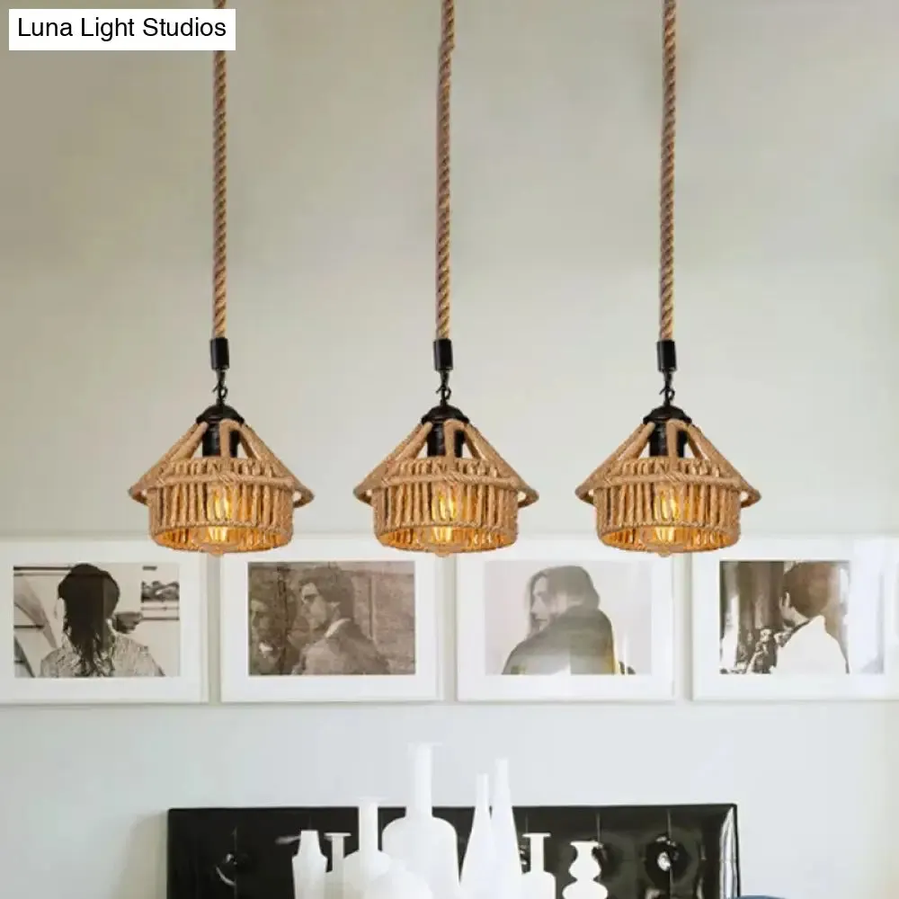 Handcrafted Cottage Brown Multi-Pendant Light Fixture with Rope Detail - Round/Linear Canopy (3/6 Lights)