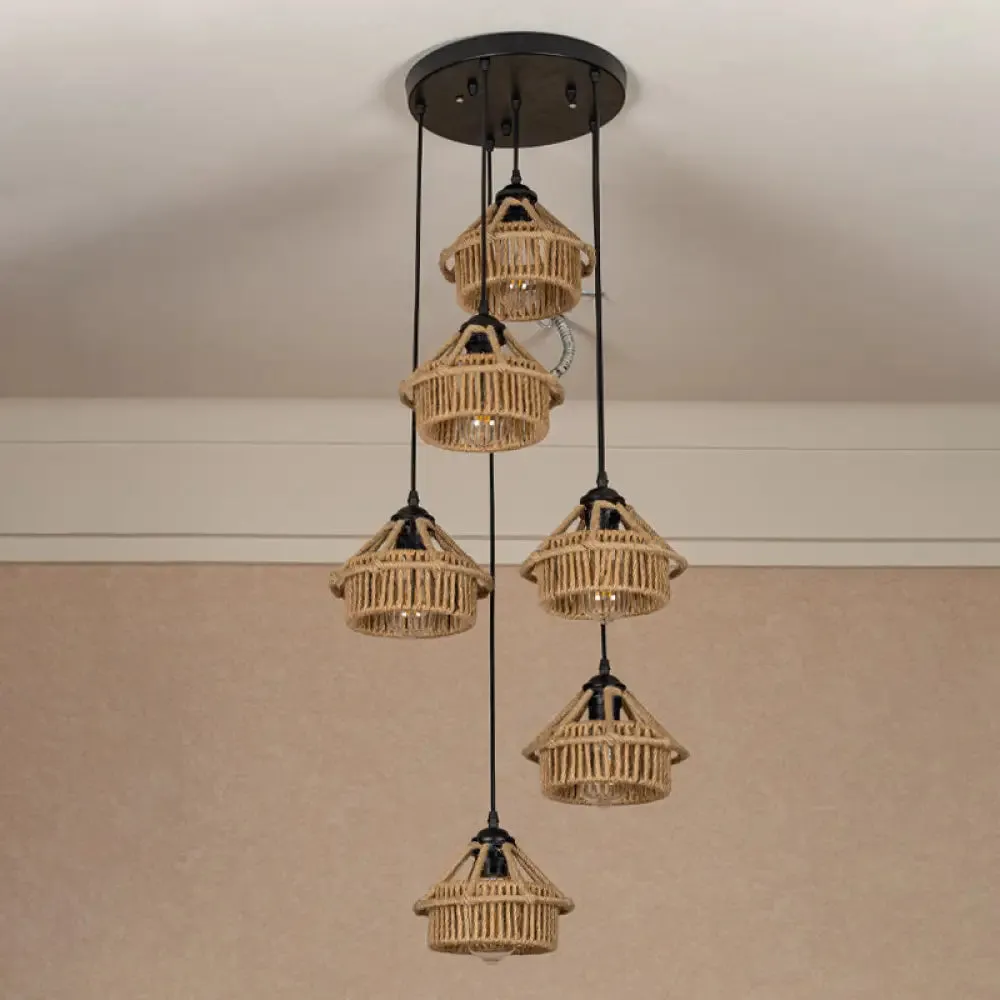 Handcrafted Cottage Brown Multi-Pendant Light Fixture with Rope Detail - Round/Linear Canopy (3/6 Lights)