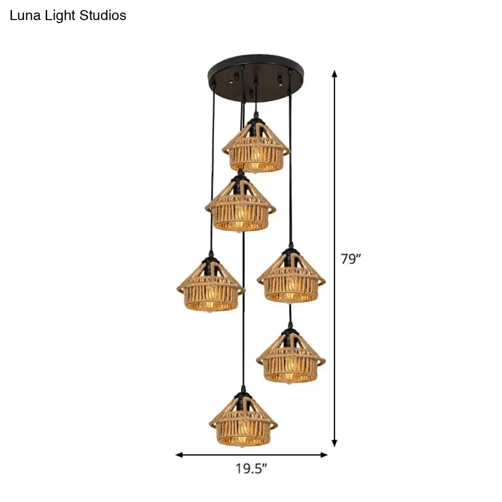 Handcrafted Cottage Brown Multi-Pendant Light Fixture with Rope Detail - Round/Linear Canopy (3/6 Lights)