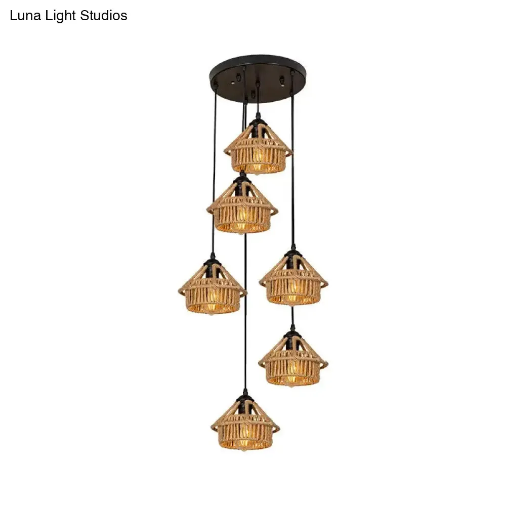 Handcrafted Cottage Brown Multi-Pendant Light Fixture with Rope Detail - Round/Linear Canopy (3/6 Lights)