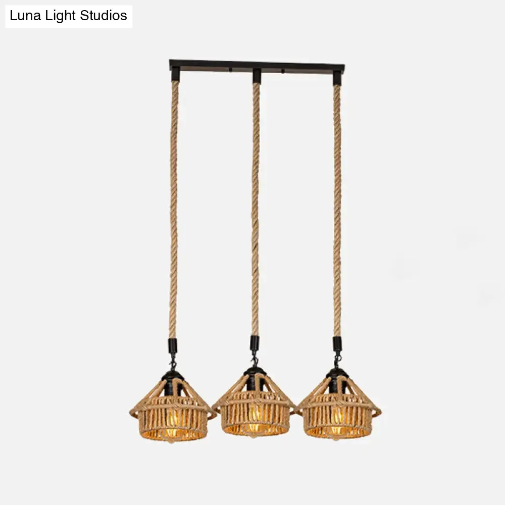 Handcrafted Cottage Brown Multi-Pendant Light Fixture with Rope Detail - Round/Linear Canopy (3/6 Lights)