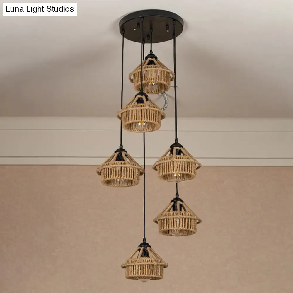 Handcrafted Cottage Brown Multi-Pendant Light Fixture with Rope Detail - Round/Linear Canopy (3/6 Lights)