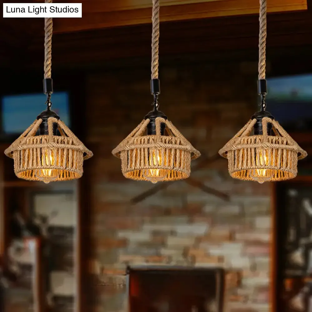 Handcrafted Cottage Brown Multi-Pendant Light Fixture with Rope Detail - Round/Linear Canopy (3/6 Lights)