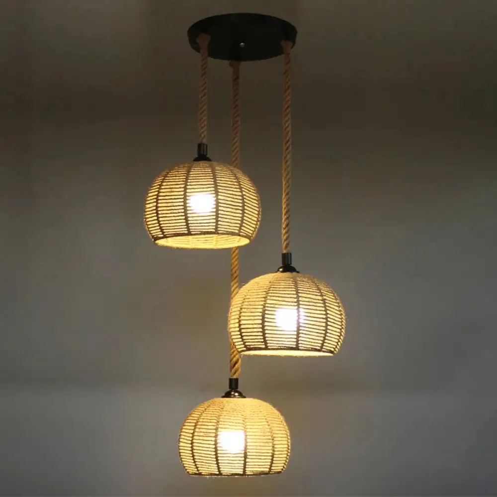 Hemispherical Farmhouse Hanging Lamp - 1-Light Hemp Rope Pendant Light for Dining Room