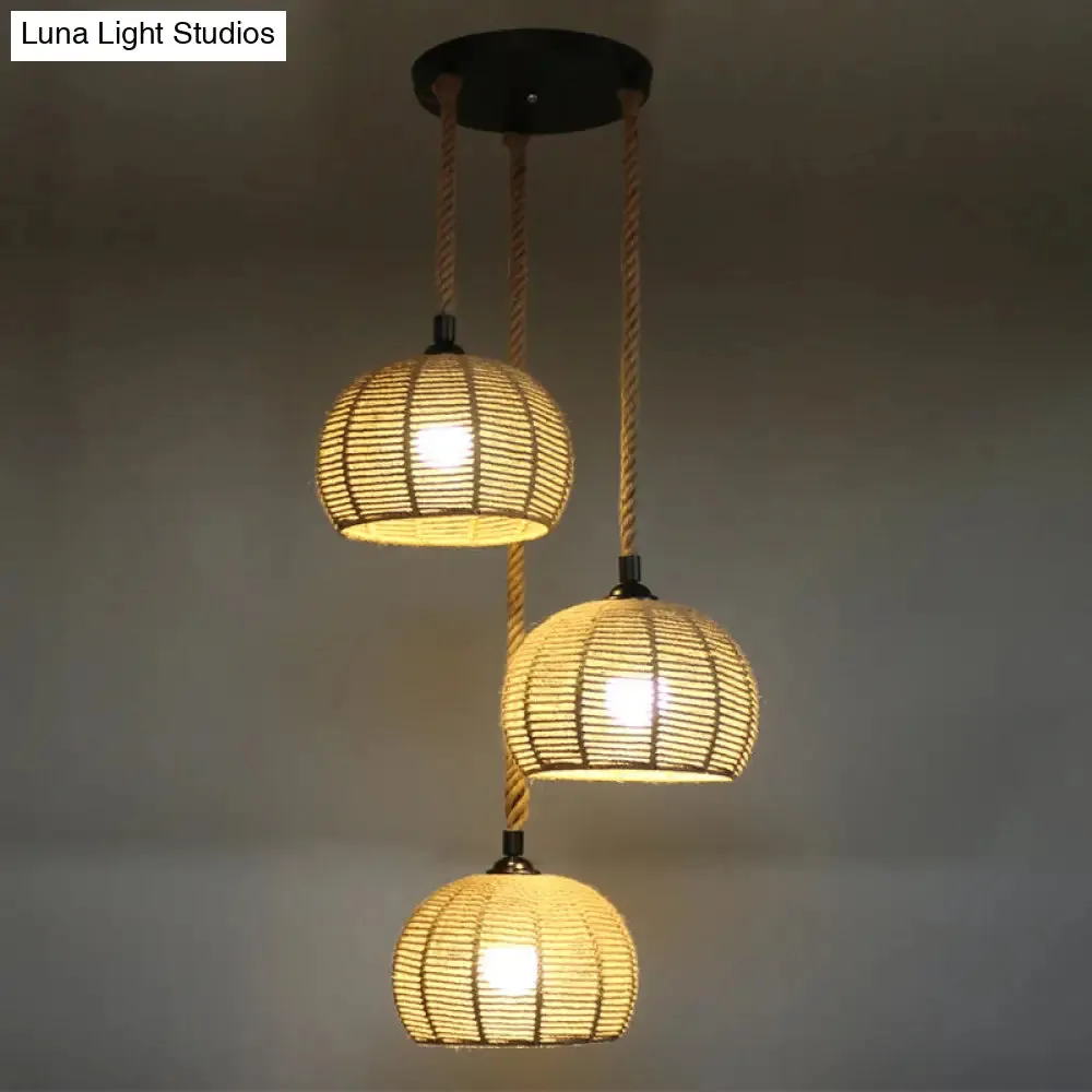 Hemispherical Farmhouse Hanging Lamp - 1-Light Hemp Rope Pendant Light for Dining Room