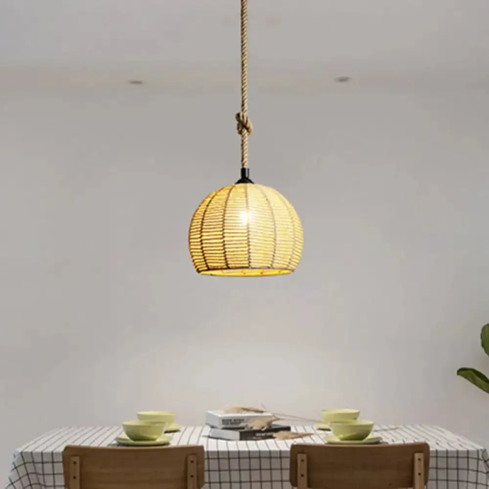 Hemispherical Farmhouse Hanging Lamp - 1-Light Hemp Rope Pendant Light for Dining Room