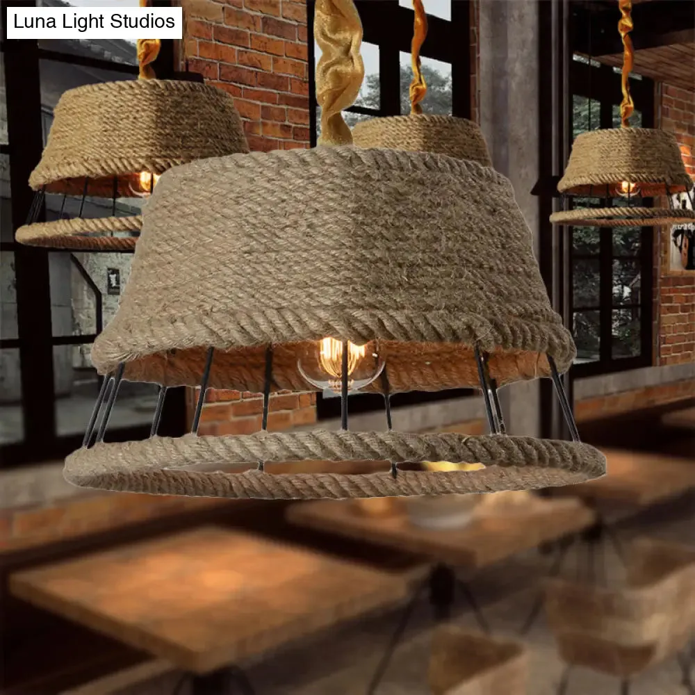 Hemp Rope Beige Pendant Light with Metal Cage Shade - Lodge Hanging Light Fixture for Restaurant