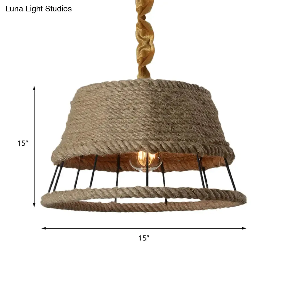 Hemp Rope Beige Pendant Light with Metal Cage Shade - Lodge Hanging Light Fixture for Restaurant