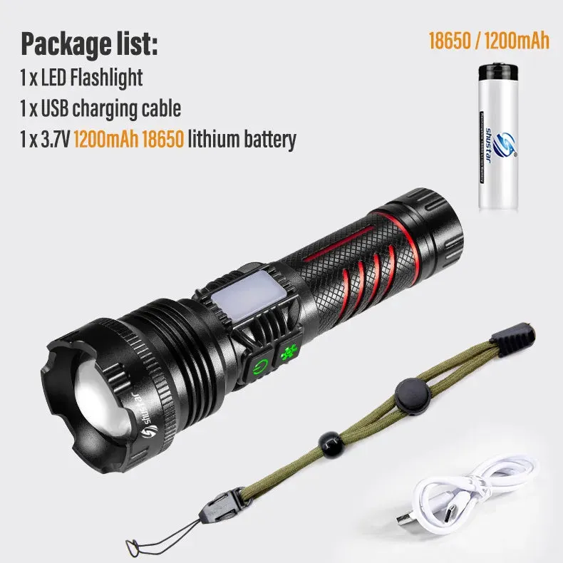 High Power LED Flashlight Torch with 30W Wick and Double Side Lights Lighting Distance 1500M Waterproof Tactical Hunting Lights