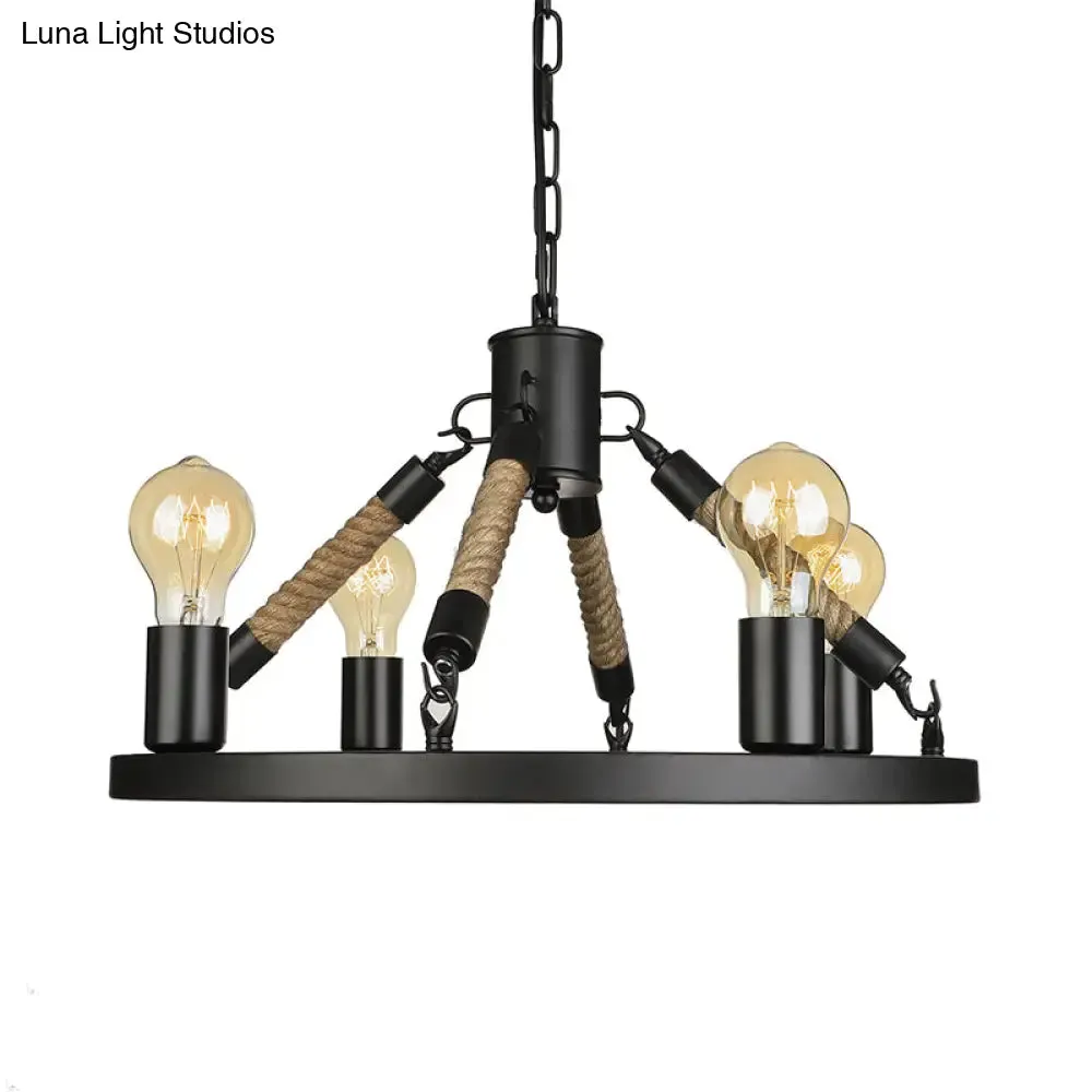 Industrial Black Wrought Iron Chandelier Light with 4 Heads, Open Bulb Pendant and Chain