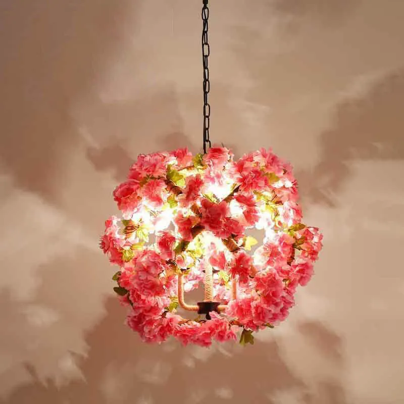 Industrial Vintage Simulation Of Greenery Cherry Blossoms Iron Hemp Rope 3-Light Chandelier