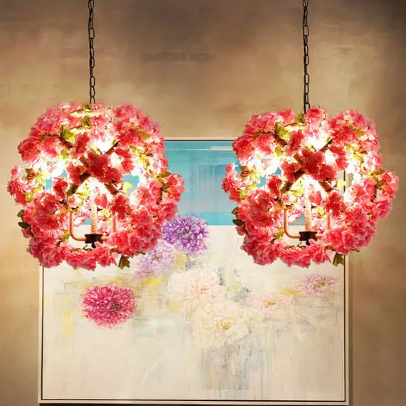 Industrial Vintage Simulation Of Greenery Cherry Blossoms Iron Hemp Rope 3-Light Chandelier