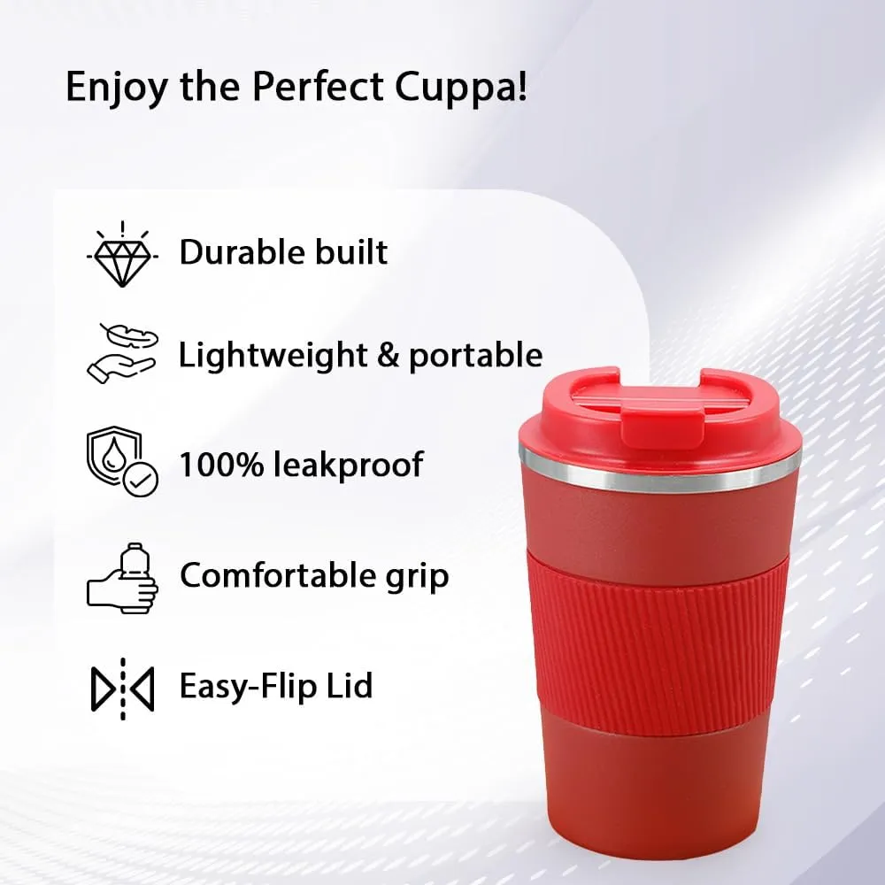 Kuber Industries Stainless Steel Insulated Coffee Mug with Sleeve|Travel Coffee Mug 380 ML-Pack of 3|Red|