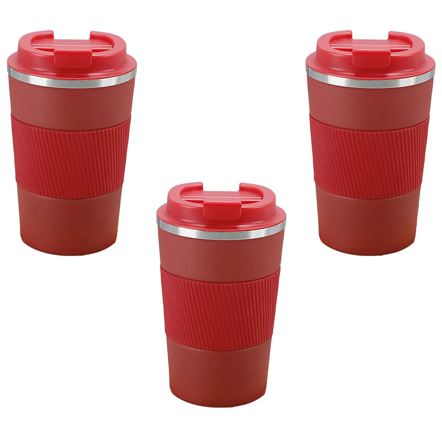 Kuber Industries Stainless Steel Insulated Coffee Mug with Sleeve|Travel Coffee Mug 380 ML-Pack of 3|Red|