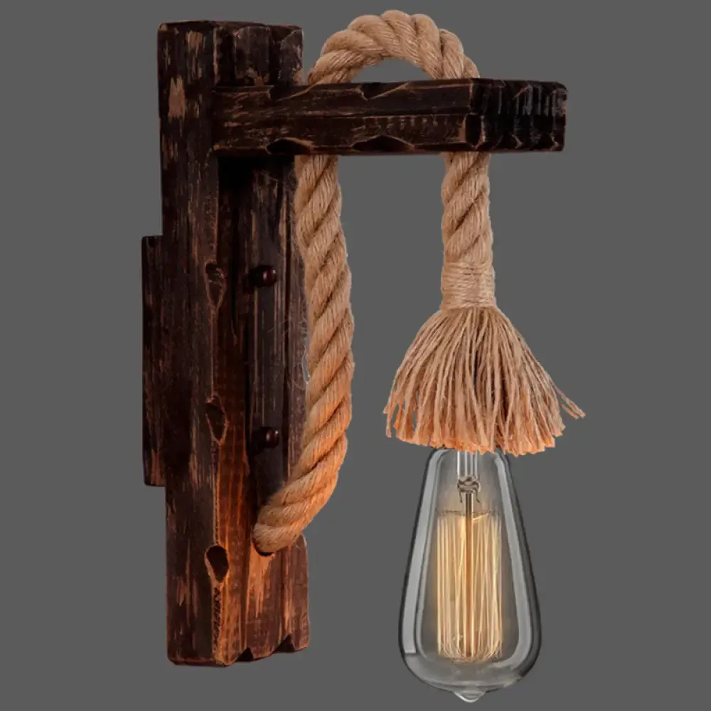 L-Shaped Wooden Lantern Wall Light with Rope Arm - Perfect Farmhouse Bedroom Lighting